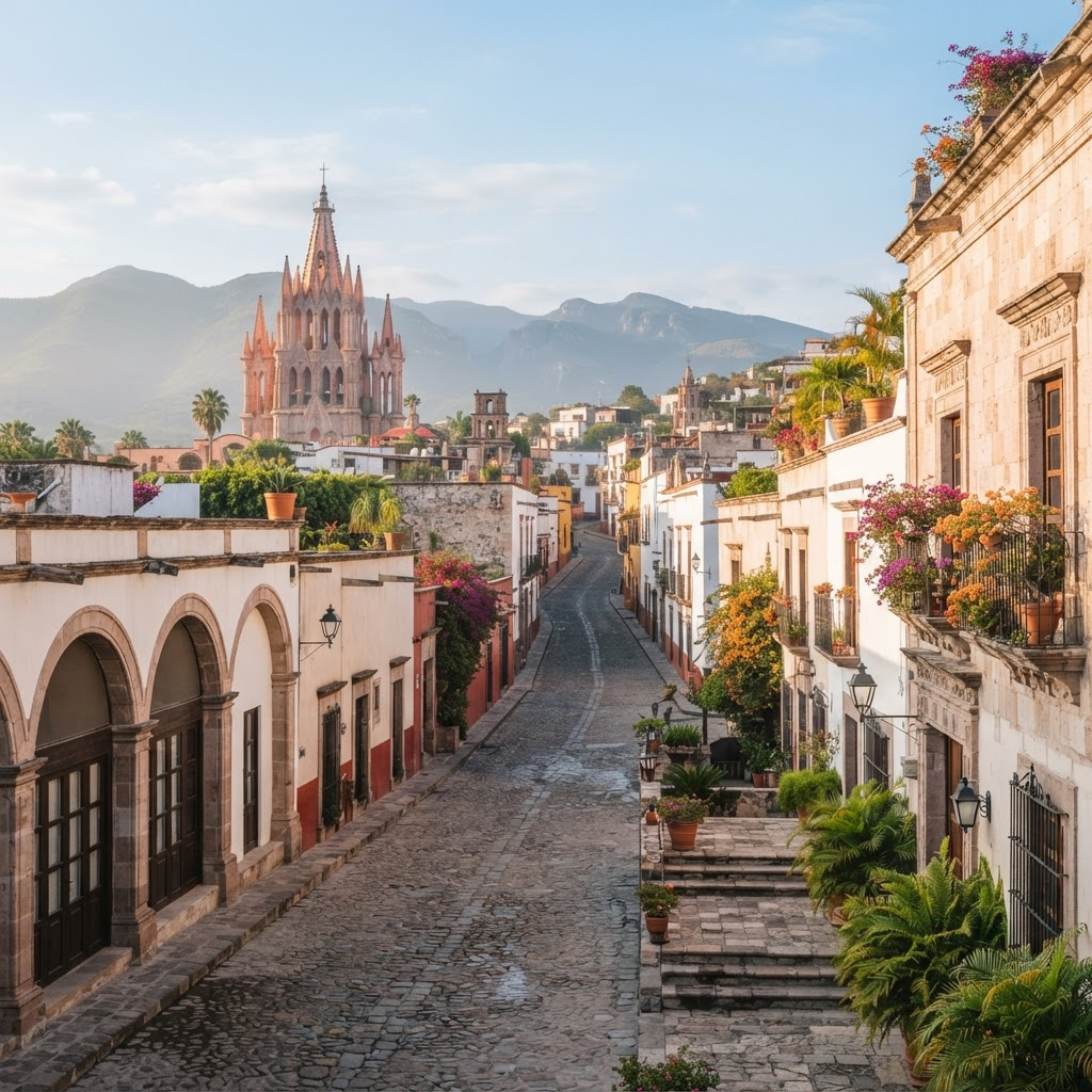 Sunlit colonial architecture and highland landscape in Mexico